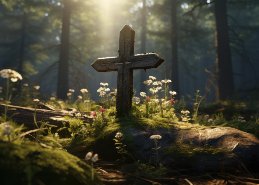 Wooden surface with a cross on top in stone Wooden surface with a cross on top in stone