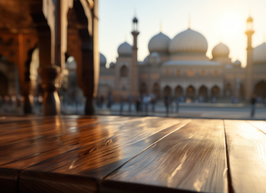 Minimalist composition of a mosque on a rustic wooden surface Minimalist composition of a mosque on a rustic wooden surface