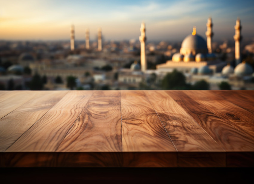 A minimalist wooden table set against the backdrop of a peaceful mosque A minimalist wooden table set against the backdrop of a peaceful mosque