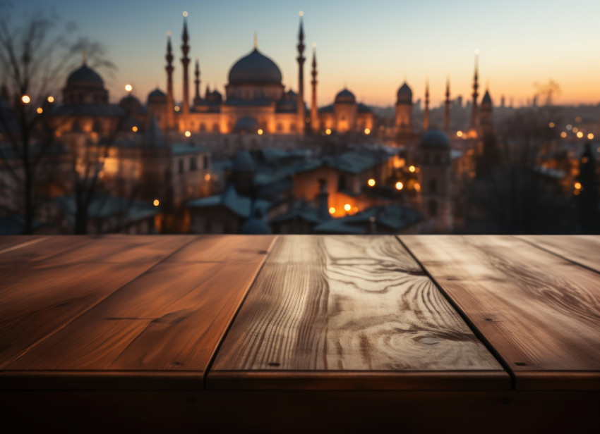 A peaceful wooden table with a distant mosque view A peaceful wooden table with a distant mosque view
