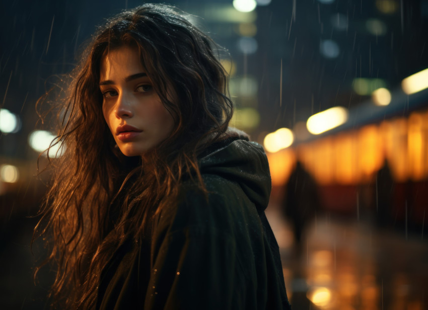 A young woman confidently strolls by trains at night A young woman confidently strolls by trains at night