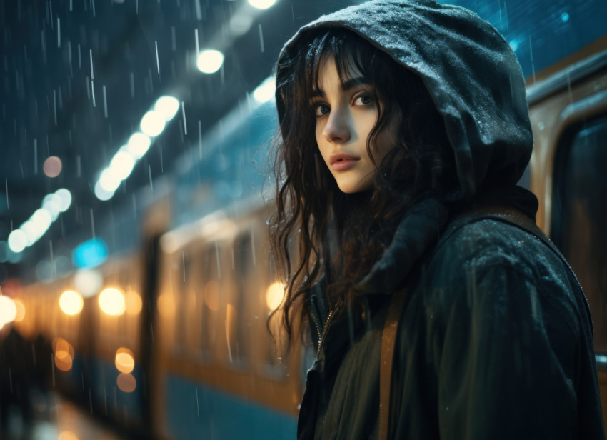 A girl in the rain beside a train A girl in the rain beside a train