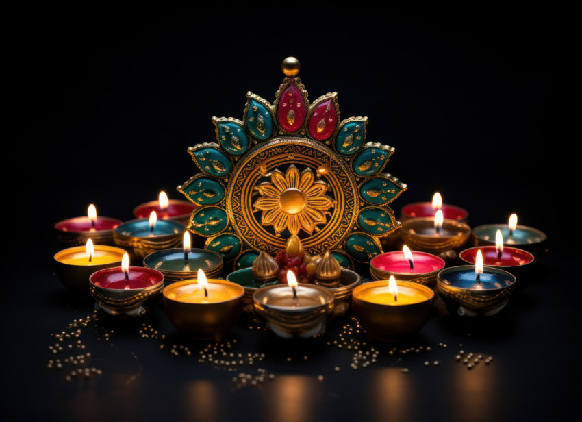Colorful diwali lights arranged beautifully on a black background creating a festive and vibrant atmosphere Colorful diwali lights arranged beautifully on a black background creating a festive and vibrant atmosphere