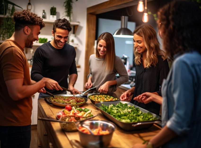 a group of friends cooking dinner together in the kitchen a group of friends cooking dinner together in the kitchen