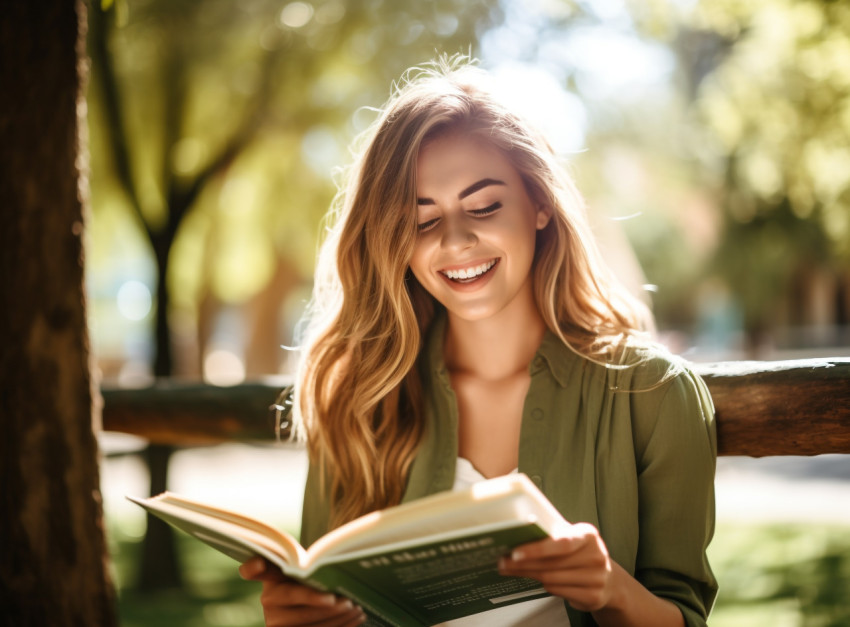 a young woman sits on a bench in a park reading a self-help book