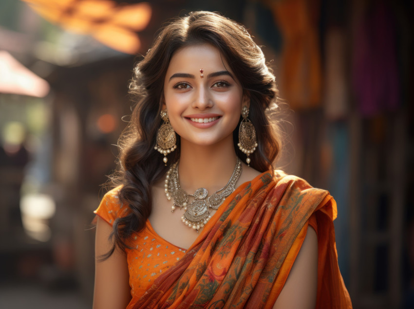 An indian girl wearing earrings posing with a smile in a vibrant sari for a delightful picture An indian girl wearing earrings posing with a smile in a vibrant sari for a delightful picture