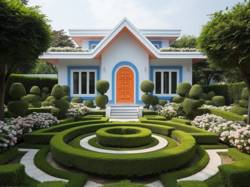 A charming cottage next to a vibrant green hedge garden A charming cottage next to a vibrant green hedge garden