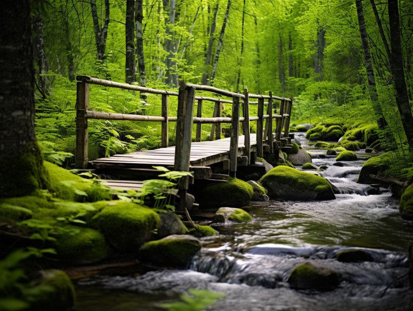A wooden bridge spanning over a clear stream in the forest, natu Get unlimited access to a library of free ai prompts and ai images to help you generate creative ideas.