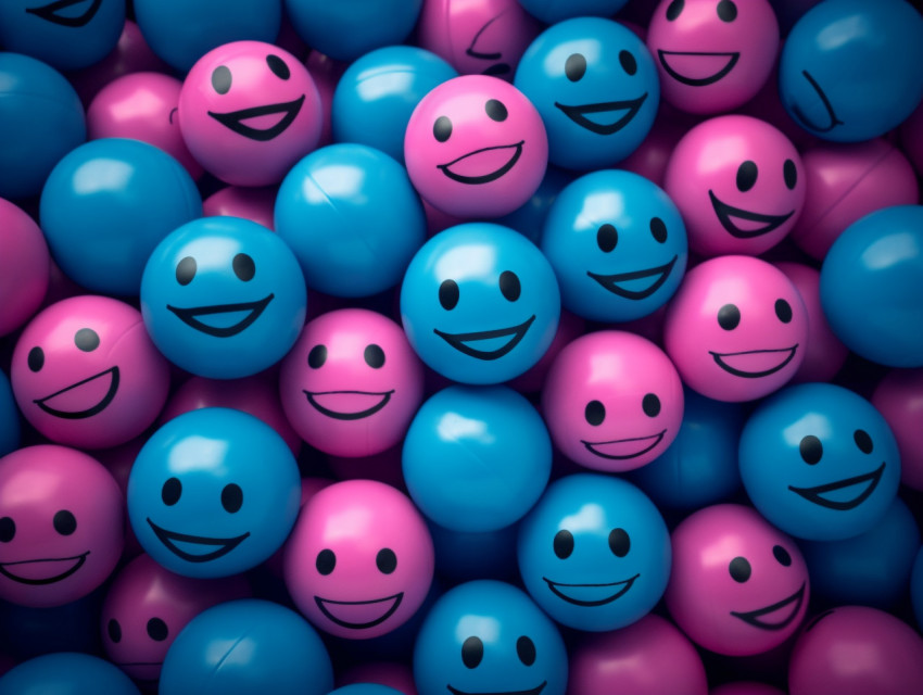 happy faces in the center of a group of blue balls, emotion, emo happy faces in the center of a group of blue balls, emotion, emo