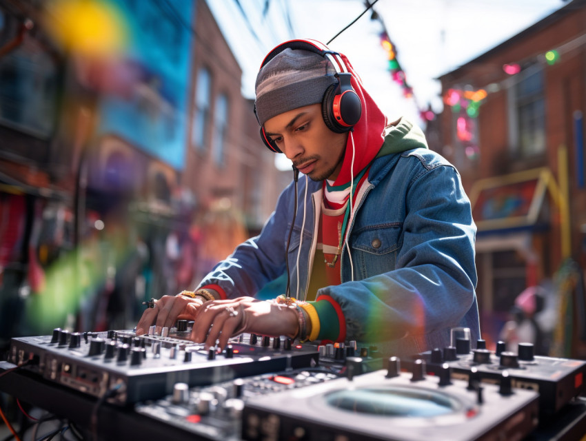 Dj at the mixing board in an urban environment with colorful bac Get unlimited access to a library of free ai prompts and ai images to help you generate creative ideas.