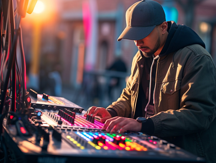 Dj at the mixing board in an urban environment with colorful bac Get unlimited access to a library of free ai prompts and ai images to help you generate creative ideas.
