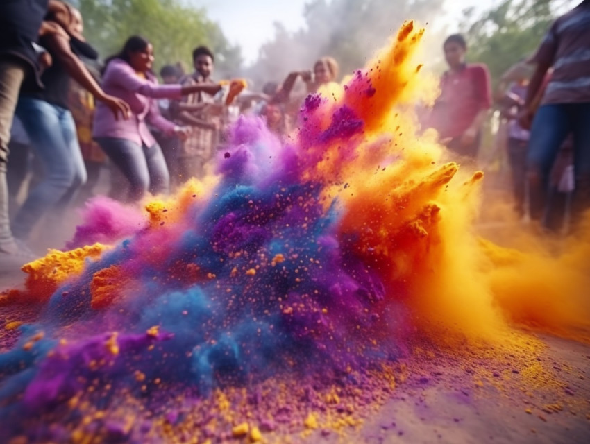 Colorful holi powder flying among people on the ground, festival Get unlimited access to a library of free ai prompts and ai images to help you generate creative ideas.