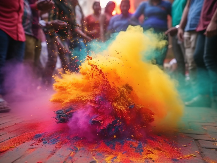 Colorful holi powder flying among people on the ground, festival Get unlimited access to a library of free ai prompts and ai images to help you generate creative ideas.