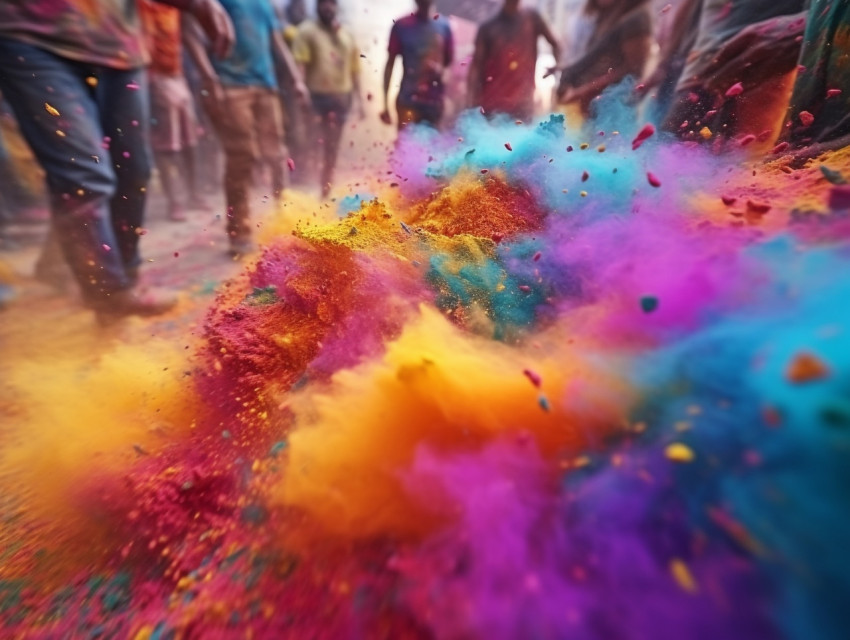 colorful holi powder flying among people on the ground, festival colorful holi powder flying among people on the ground, festival