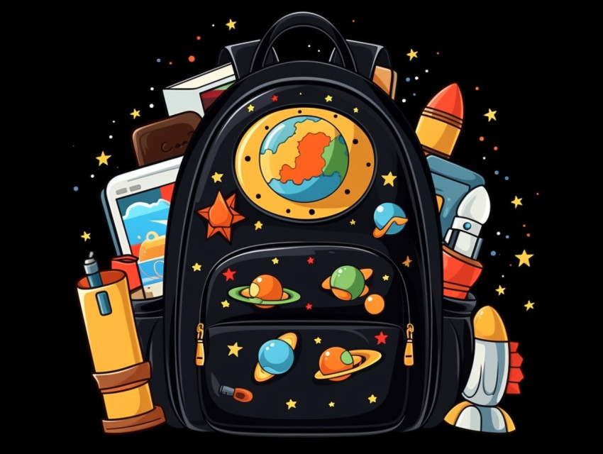 A backpack and school supplies are on a black background, Digital illustration, character illustration A backpack and school supplies are on a black background, Digital illustration, character illustration