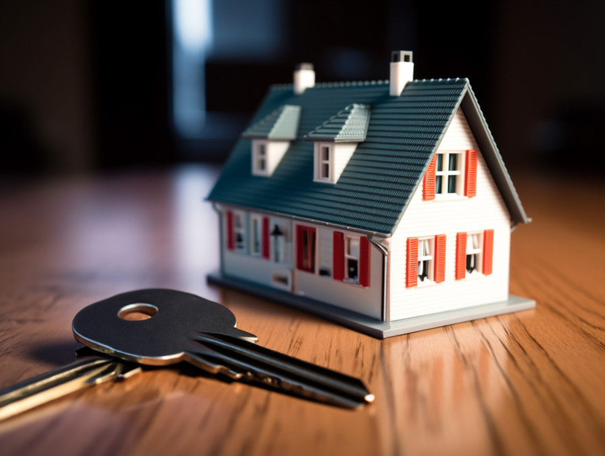 A photo of a small house with a key on a table, home loan stock image Get unlimited access to a library of free ai prompts and ai images to help you generate creative ideas.