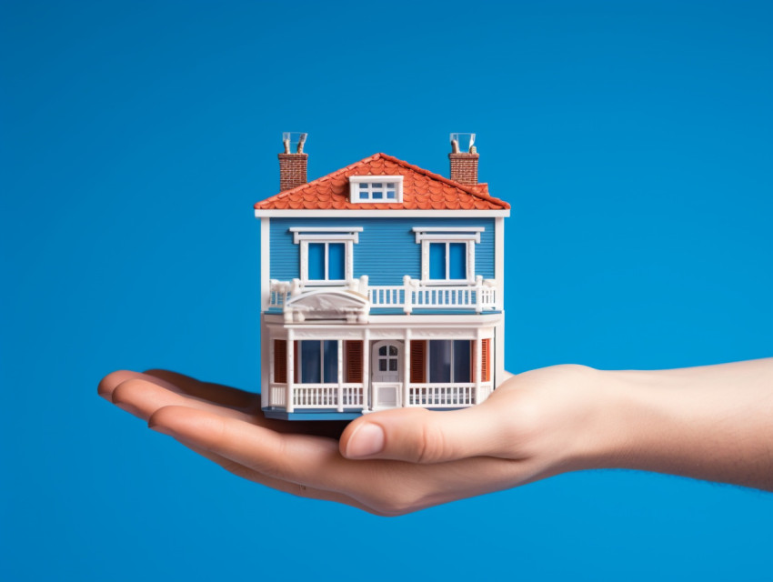 A hand holding a house with a blue background, home loan stock image Get unlimited access to a library of free ai prompts and ai images to help you generate creative ideas.