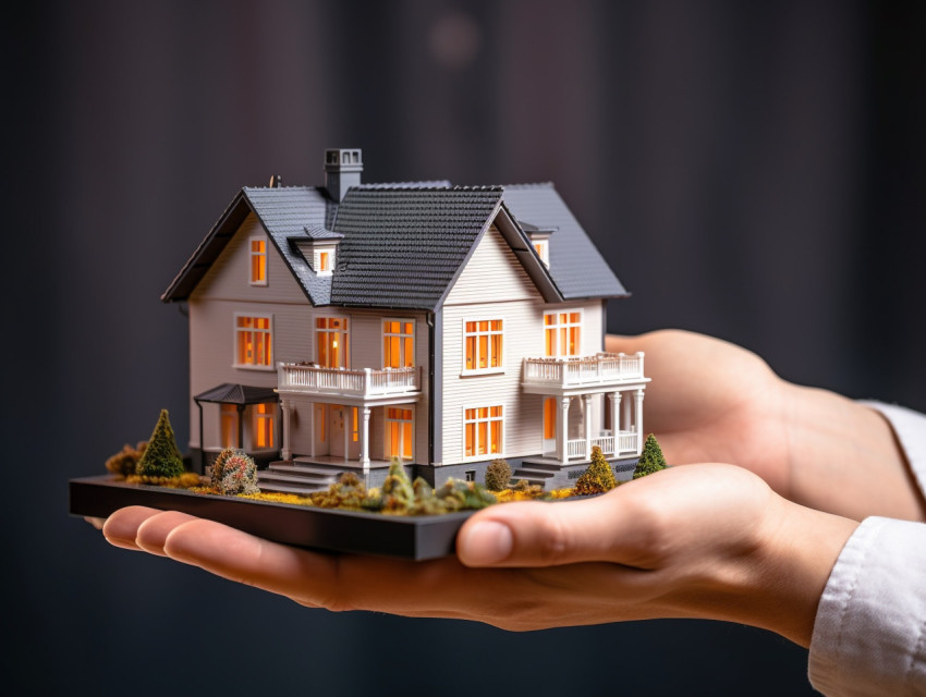 A photo of a hand holding a house new offers in the real estate market, home loan stock image Get unlimited access to a library of free ai prompts and ai images to help you generate creative ideas.
