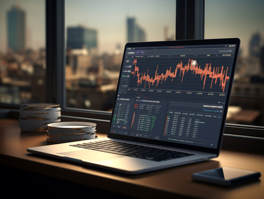 Trading website displaying financial information on a laptop computer, seo stock images for marketing campaigns Trading website displaying financial information on a laptop computer, seo stock images for marketing campaigns