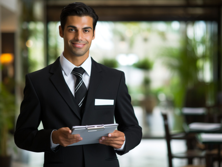 A photo of a young businessman with clipboard, free ai prompts for hr