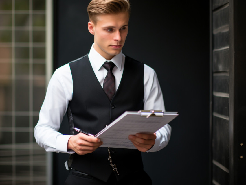 A photo of a young businessman with clipboard, free ai prompts for hr A photo of a young businessman with clipboard, free ai prompts for hr