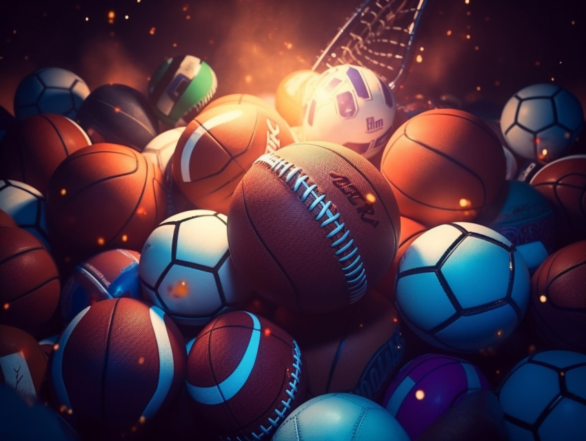 Sports balls in the glow of light Sports balls in the glow of light, soccer ball stock image ai prompt, basketball stock image ai prompt, football stock image ai prompt