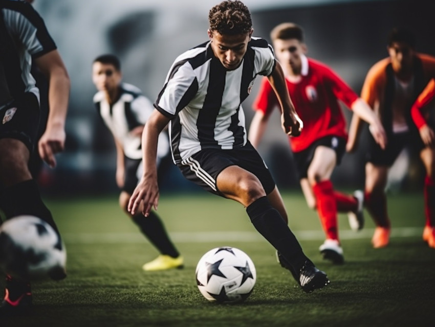 The soccer player is dribbling the ball through a crowd The soccer player is dribbling the ball through a crowd
