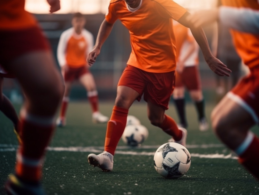 Soccer player dribbles ball through defenders Soccer player dribbles ball through defenders