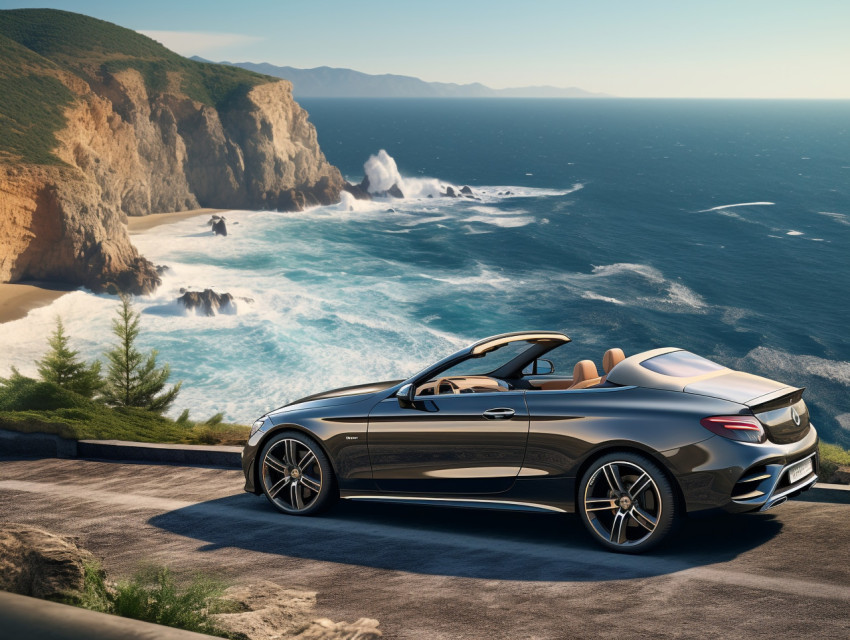 A car is parked on a cliff overlooking the ocean A car is parked on a cliff overlooking the ocean