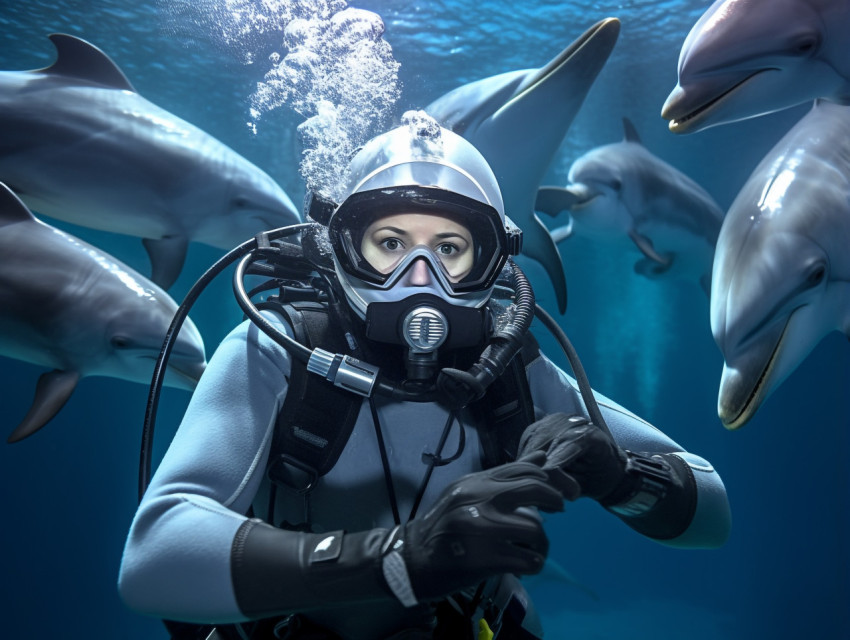 Diver and Dolphins Soar Through the Water