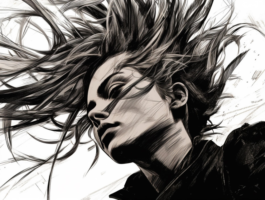 Woman with long flowing hair in black and white Woman with long flowing hair in black and white