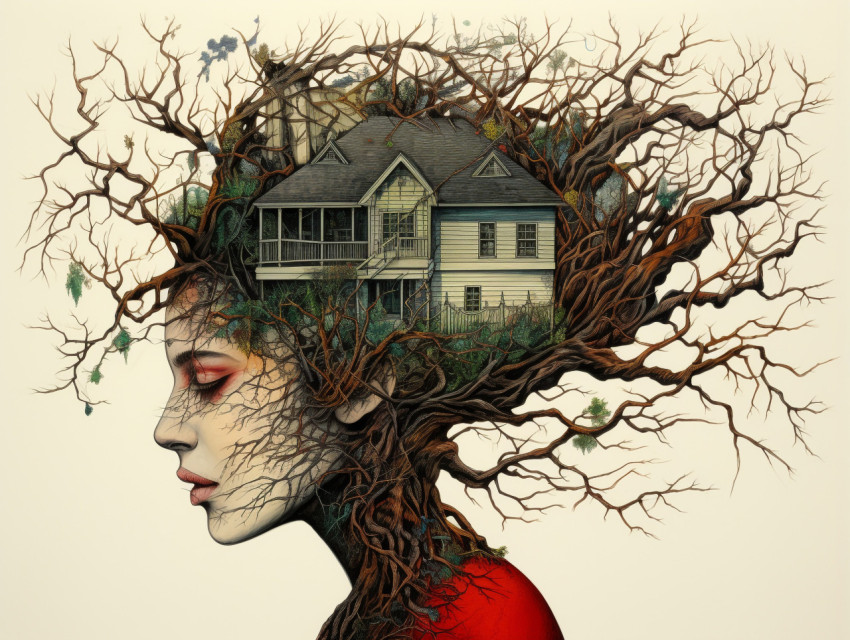 Woman with branches in hair