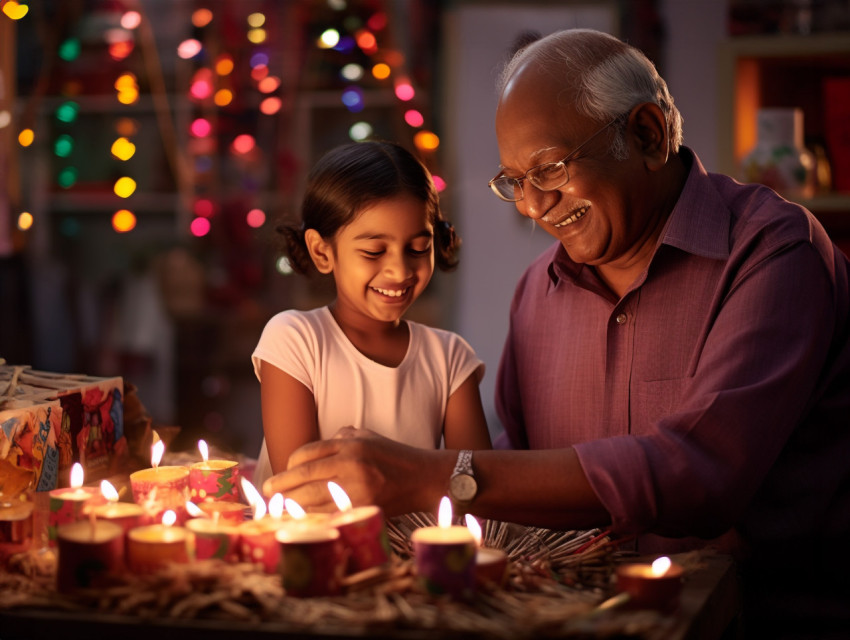 A kid and their grandpa spending time together on the Hindu fest A kid and their grandpa spending time together on the Hindu fest