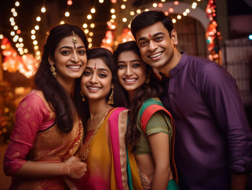 Two Indian couples are taking a picture together in front of the Two Indian couples are taking a picture together in front of the