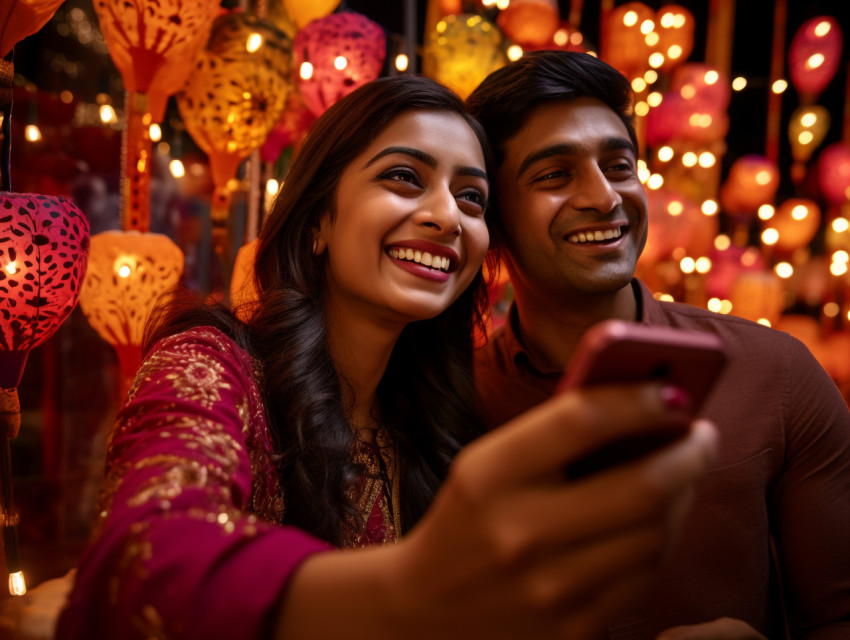 Two people are taking a photo of themselves in front of a Diwali Two people are taking a photo of themselves in front of a Diwali