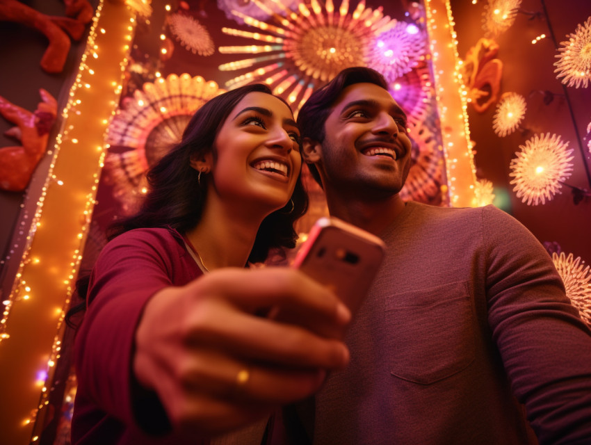 Two people are taking a photo of themselves in front of a Diwali Two people are taking a photo of themselves in front of a Diwali