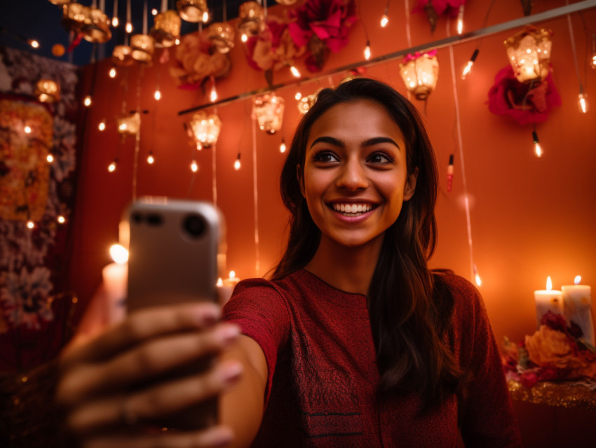 Two people are taking a photo of themselves in front of a Diwali Two people are taking a photo of themselves in front of a Diwali