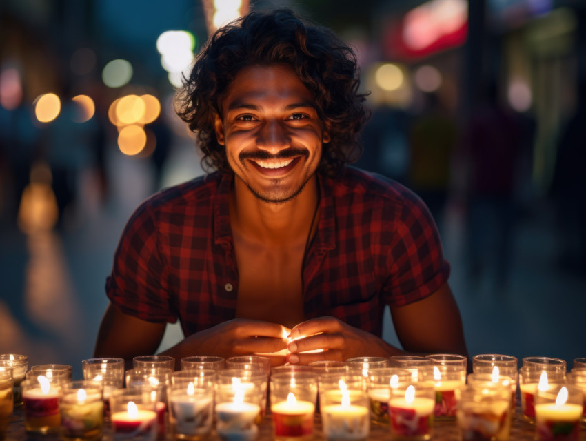 Indian man celebrates Diwali with candles Indian man celebrates Diwali with candles