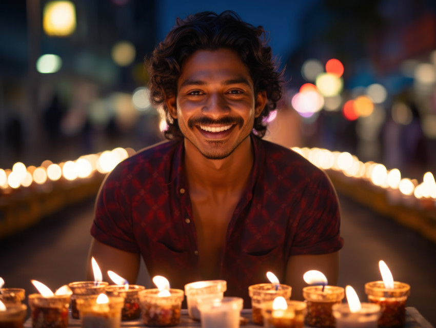 Indian man celebrates Diwali with candles Indian man celebrates Diwali with candles