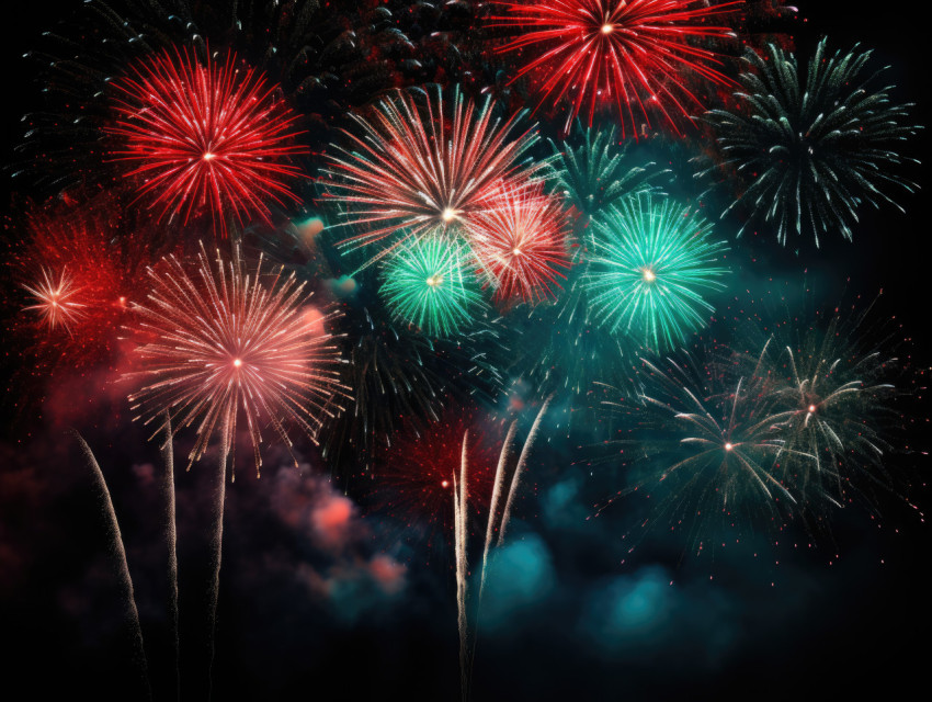 Colorful fireworks burst against the inky blackness of the night sky Colorful fireworks burst against the inky blackness of the night sky