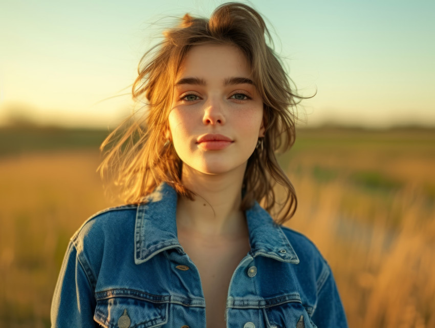 A stylish young woman poses in a denim jacket outdoors A stylish young woman poses in a denim jacket outdoors