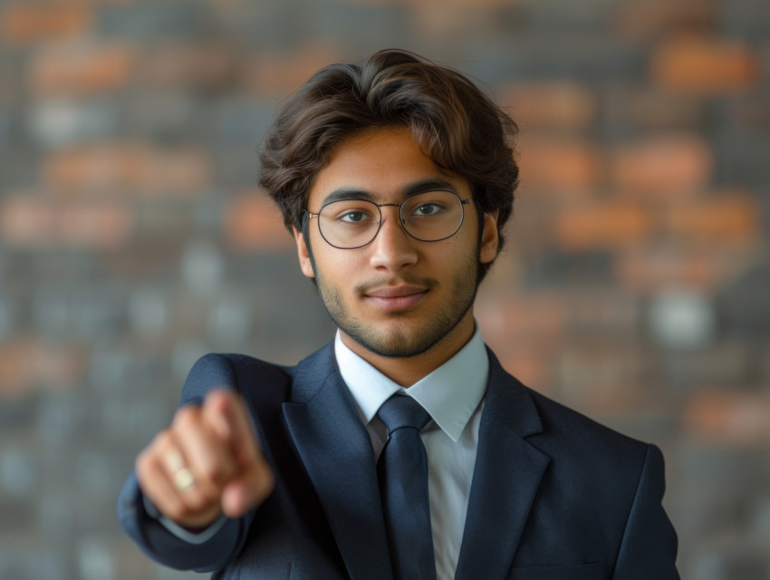 Confident young businessman looks forward pointing with enthusiasm Confident young businessman looks forward pointing with enthusiasm