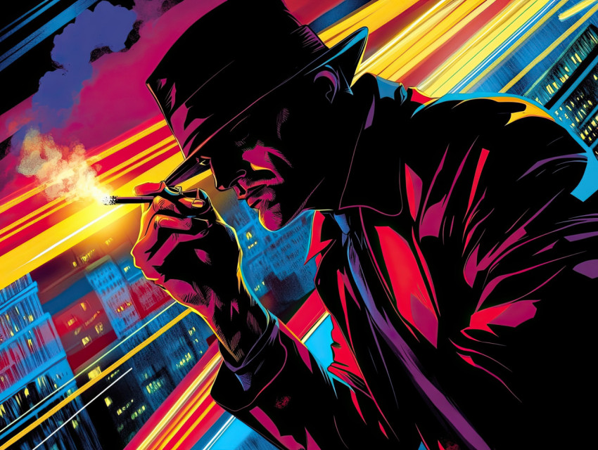 Noir detective lighting a cigarette in dim light Noir detective lighting a cigarette in dim light