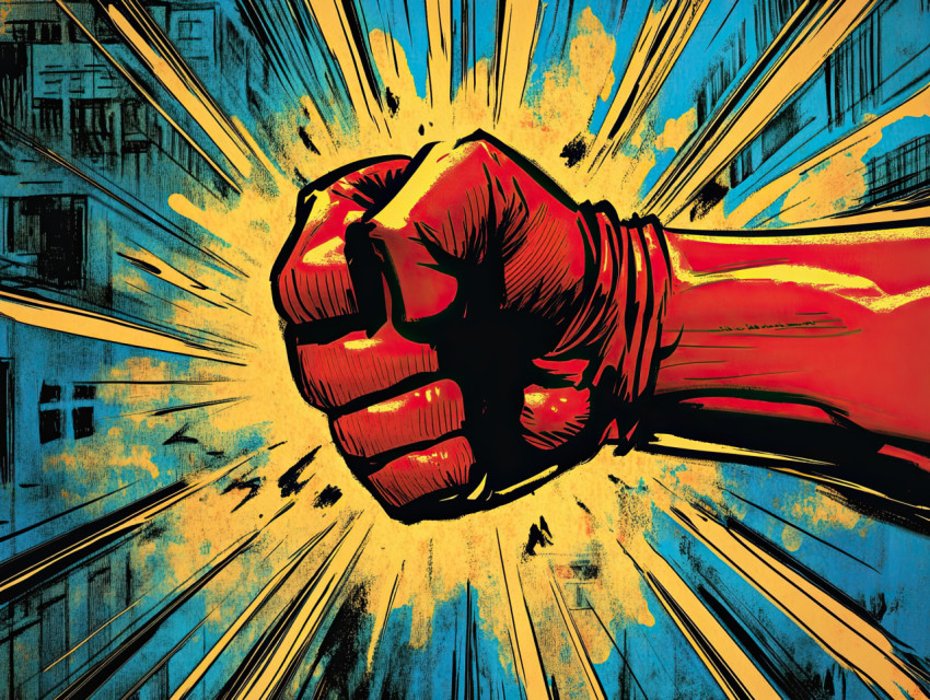 A powerful fist smashing through a wall A powerful fist smashing through a wall