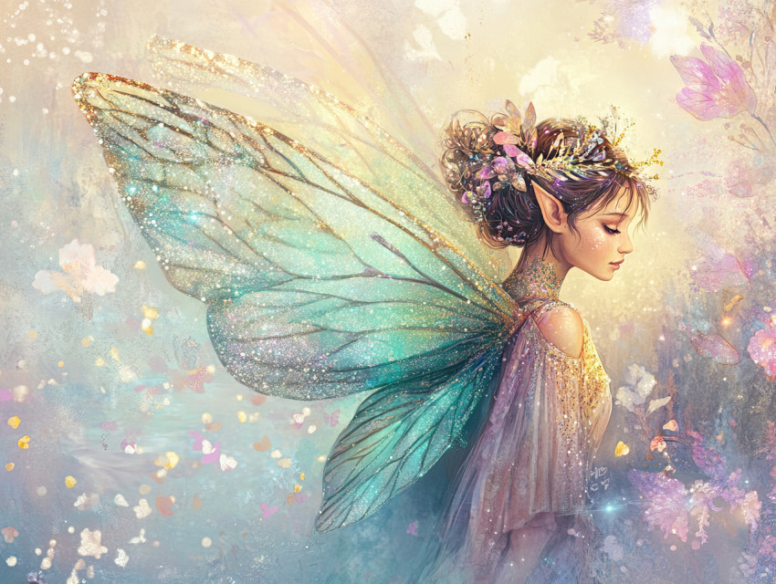 Fairy with wings glowing in sparkles