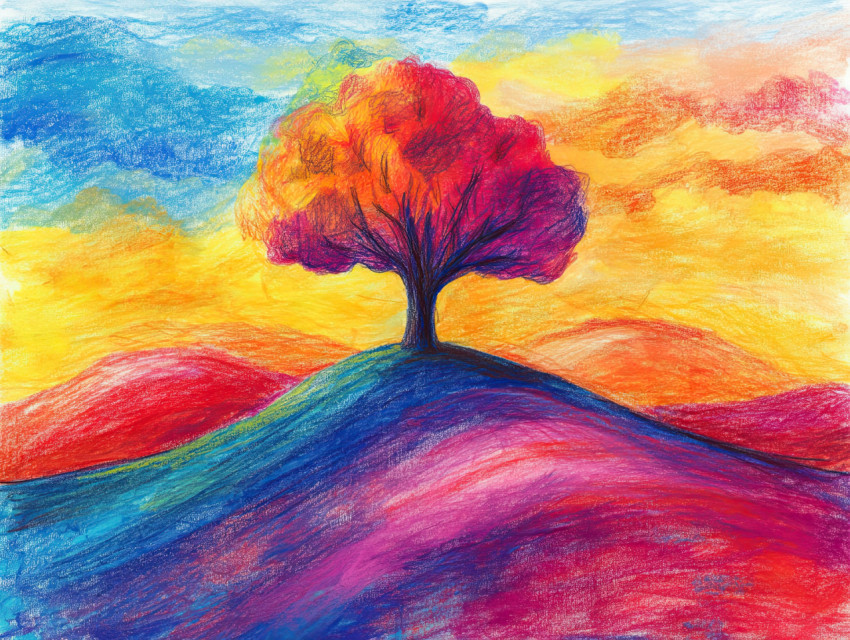 A lonely tree stands on a hill under a vast sky A lonely tree stands on a hill under a vast sky