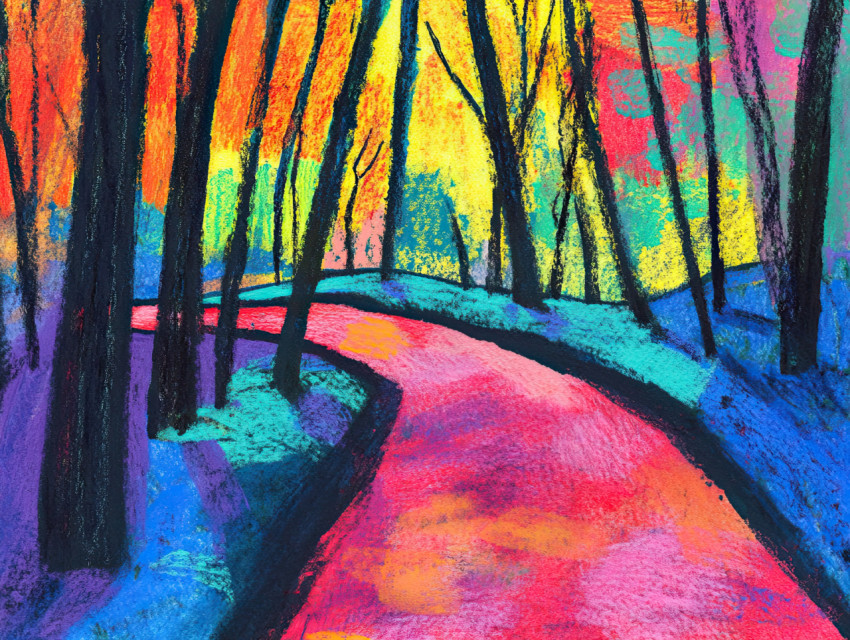 A shadowy forest path winds through tall trees A shadowy forest path winds through tall trees