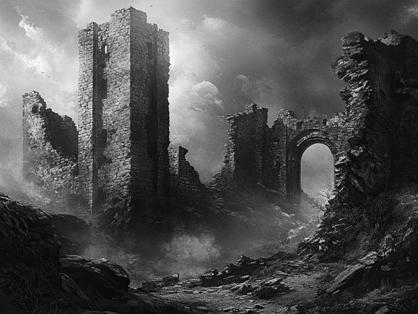 Crumbling castle ruins in grayscale Crumbling castle ruins in grayscale