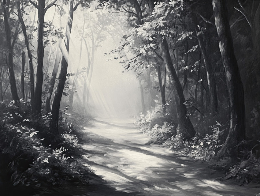 Misty forest path in grayscale Misty forest path in grayscale