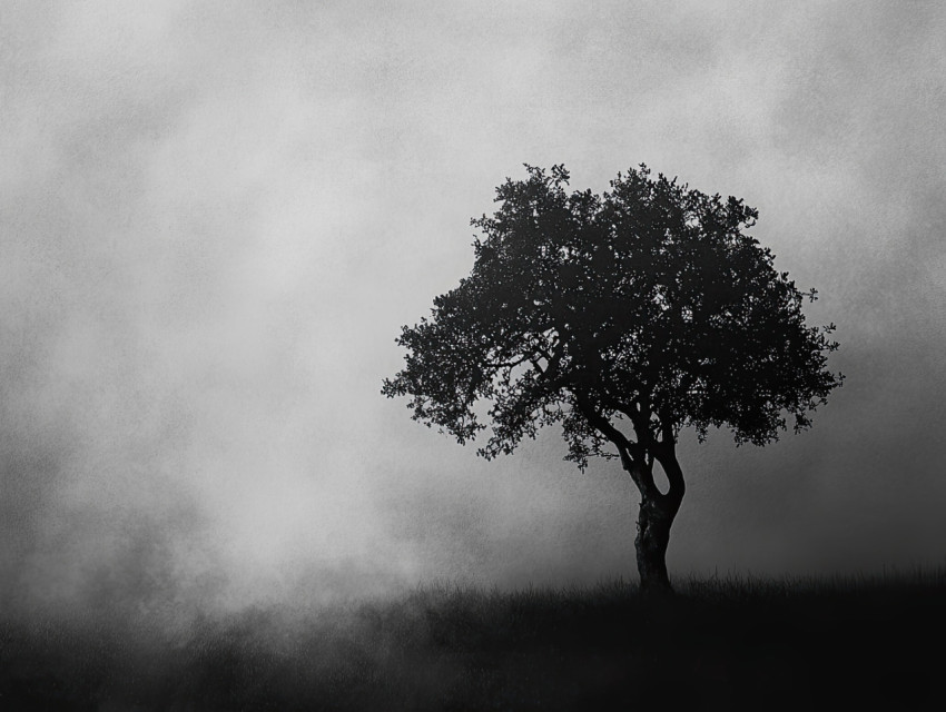 Lonely tree in grayscale standing in thick fog Lonely tree in grayscale standing in thick fog